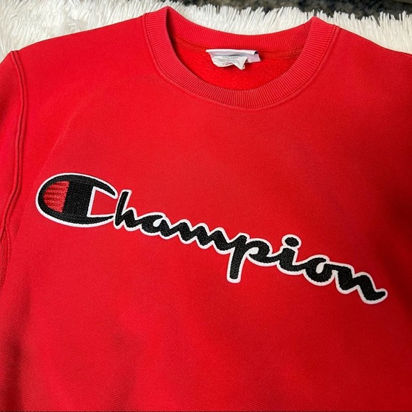 Champion Reverse Weave Red Crew Neck Pullover Sweatshirt Black Script Logo - Picture 2 of 8